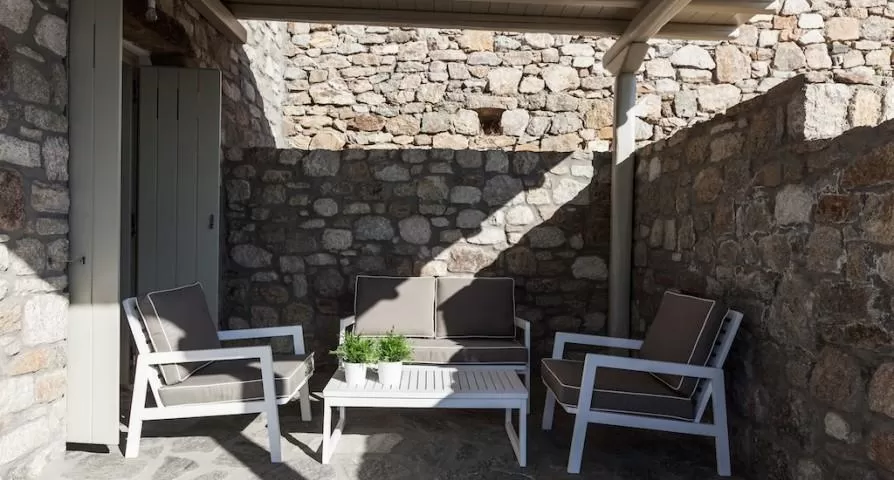 cool patio of Mykonos Villa Light Pearl luxury holiday home and vacation rental