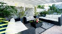 cool canopied patio of Saint Barth Villa Panorama luxury holiday home, vacation rental