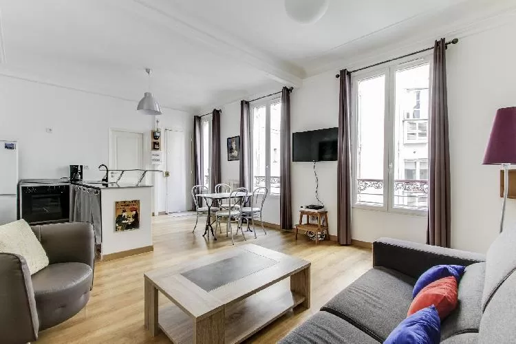bright living area with a comfortable couch, a wooden centerpiece and huge widescreen TV in Paris lu