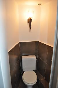 sleek gray-tiled toilet in Paris luxury apartment