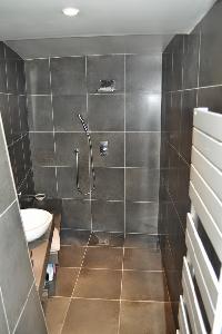 sleek gray-tiled shower area in Paris luxury apartment