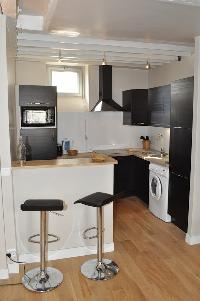 well-equipped kitchen with breakfast bar and stools in Paris luxury apartment