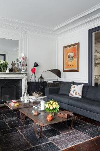 sitting room with clean-cut sofas, ornamental fireplace, and exuberant artworks in a Paris luxury ap