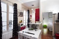 windows are dressed in dark gray curtains overlook the lovely courtyard in a Paris luxury apartment