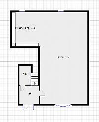 first level floor plan with kitchen, dining room, living room, toiet, hall, and stairway of a Paris 