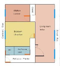 floor plan with kitchen, bedroom, bathroom, living room, closet, bathroom, WC, and entrance of a 1-b