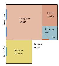 floor plan with a living room, kitchen, bathroom, and bedroom in a 1-bedroom Paris luxury apartment