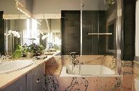 elegant bathroom with a sink, a mirror, a toilet, and a bathtub with a detachable shower head in a 1