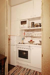 compact kitchen in a studio luxury apartment in Paris