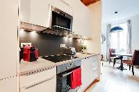 a long and sleek kitchen in a 1-bedroom Paris luxury apartment