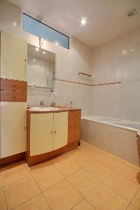 an en-suite bathroom twith a sink, a bathroom cabinet, a mirror, and a shower area in a 2-bedroom Pa