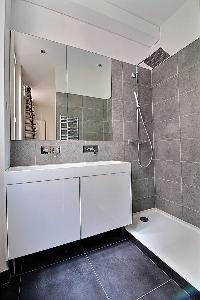 sleek bathroom with sink, bathroom cabinet, mirror, toilet, and shower area in a 3-bedroom Paris lux