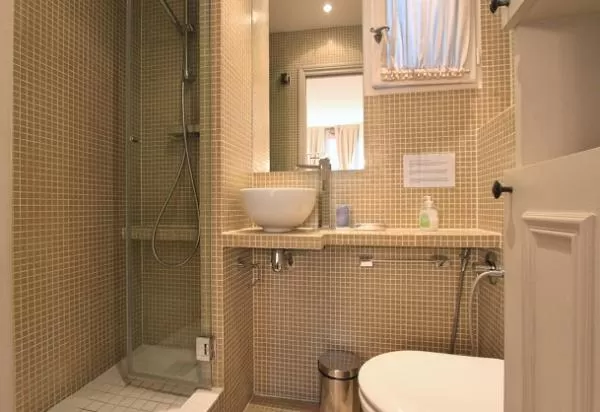 an en-suite bathroom with a toilet, a sink, a mirror, bathroom shelves, and a shower area with a det