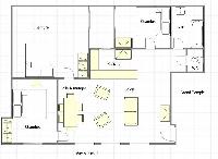 floor plan with 3 bedrooms, kitchen, WC, bathroom, living room, and dining area of a 3-bedroom Paris