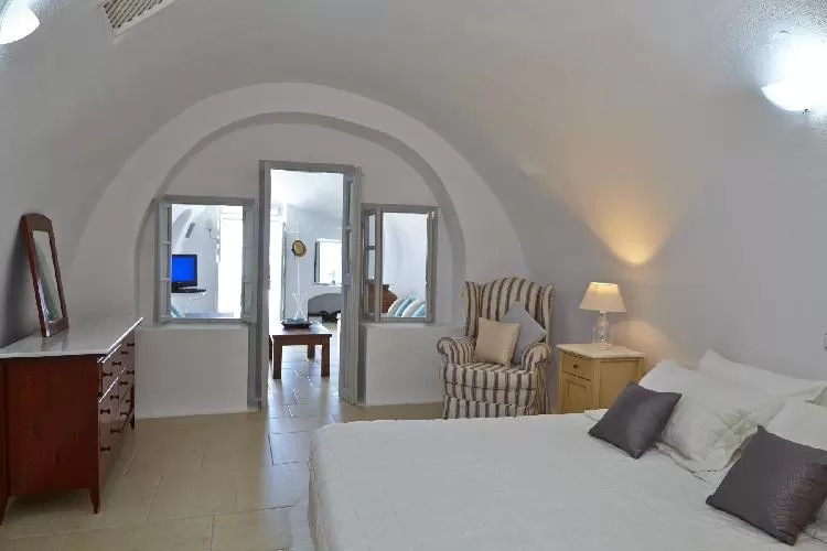 clean bedroom linens in Greece Santorini Amaya Cave luxury holiday home, vacation rental