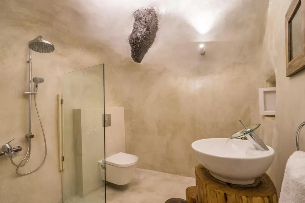 clean bathroom in Greece Santorini Iris luxury holiday home, vacation rental